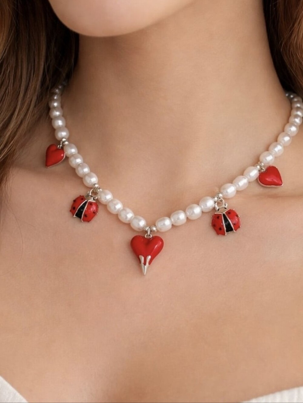 Pearl Necklace with Red Heart & Ladybug Charms STAINLESS STEEL